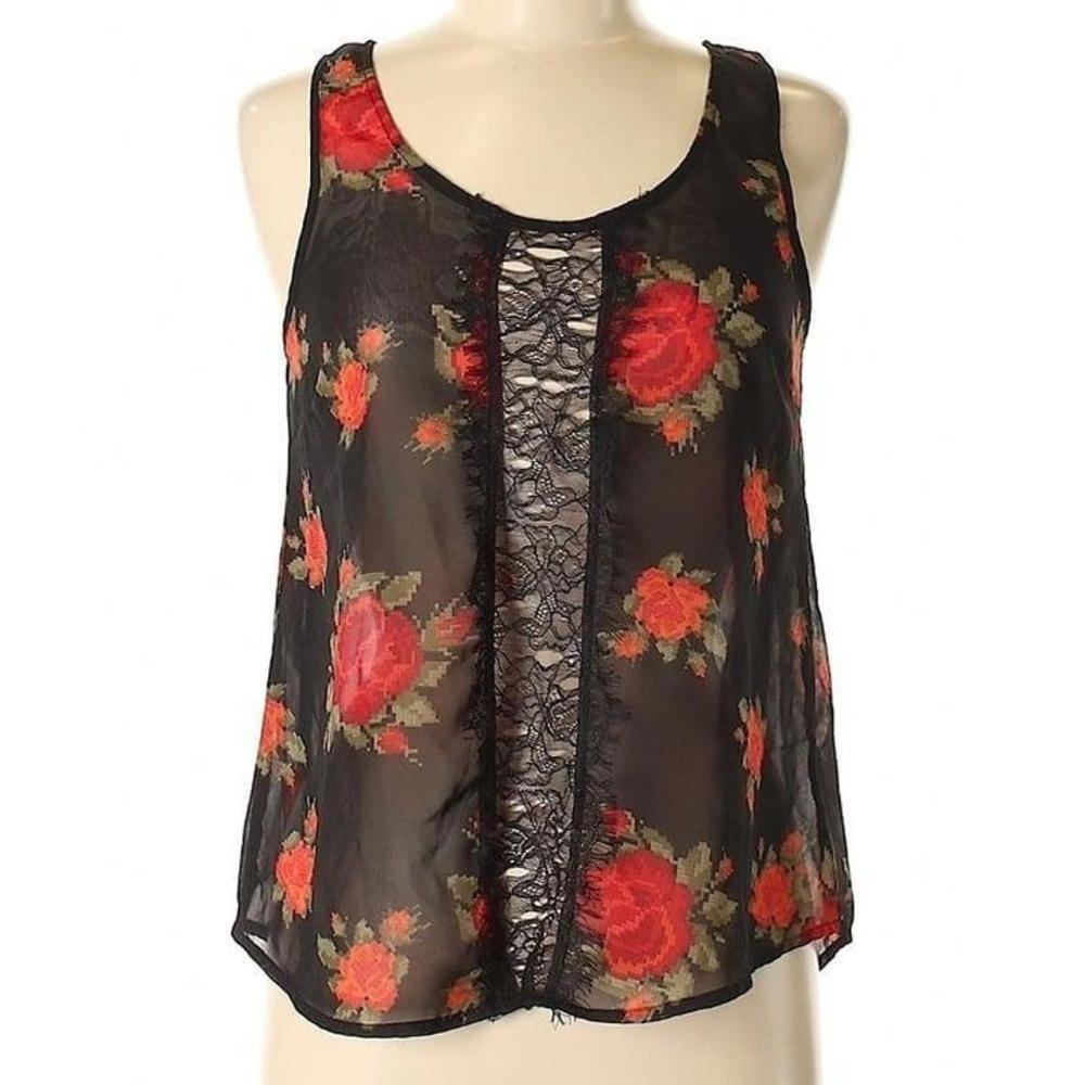 Selena Gomez Red Rose Black Lace Sheer Tank Top Medium Floral Blouse NWT NEW TAG